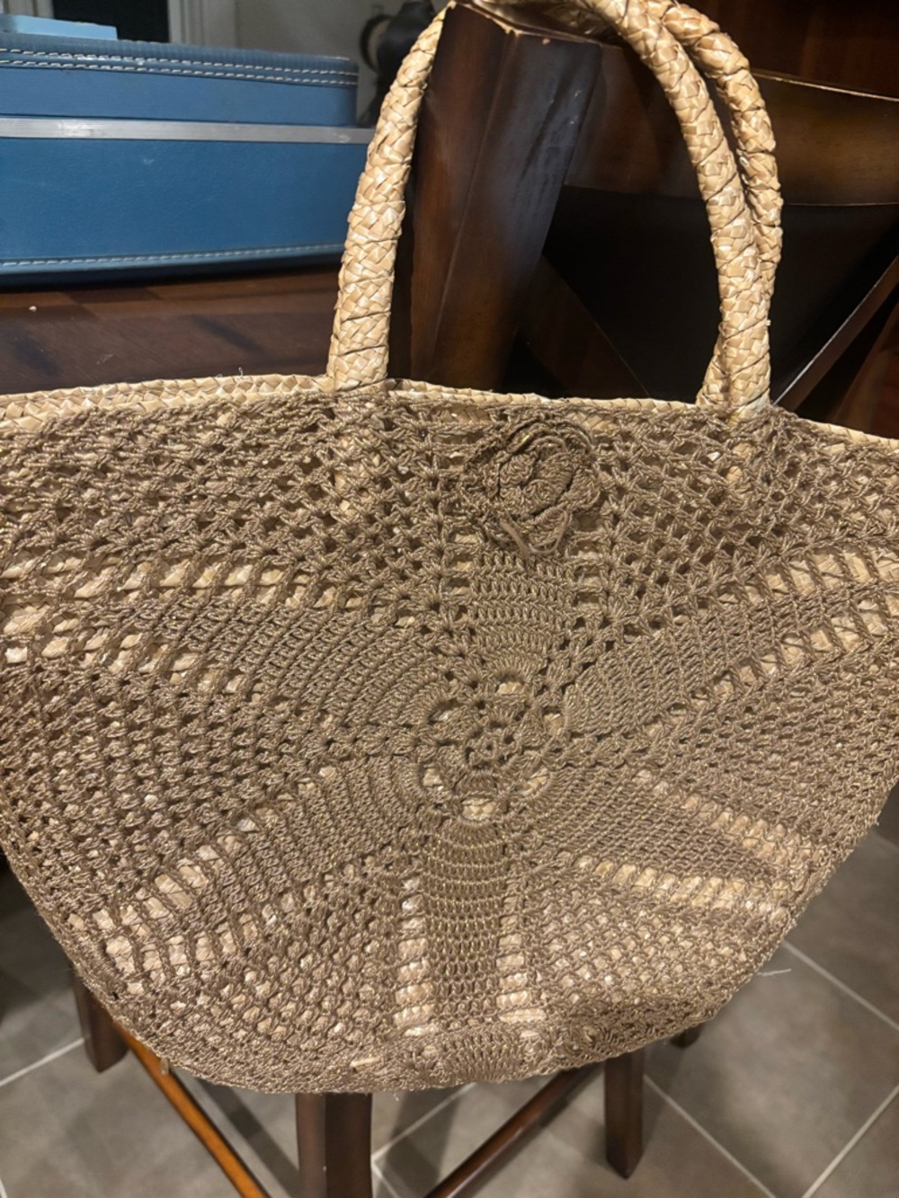 Coldwater Creek Gold Wicker Handbag Straw Crocheted Beach Bag Tote Double handle - Picture 3 of 7